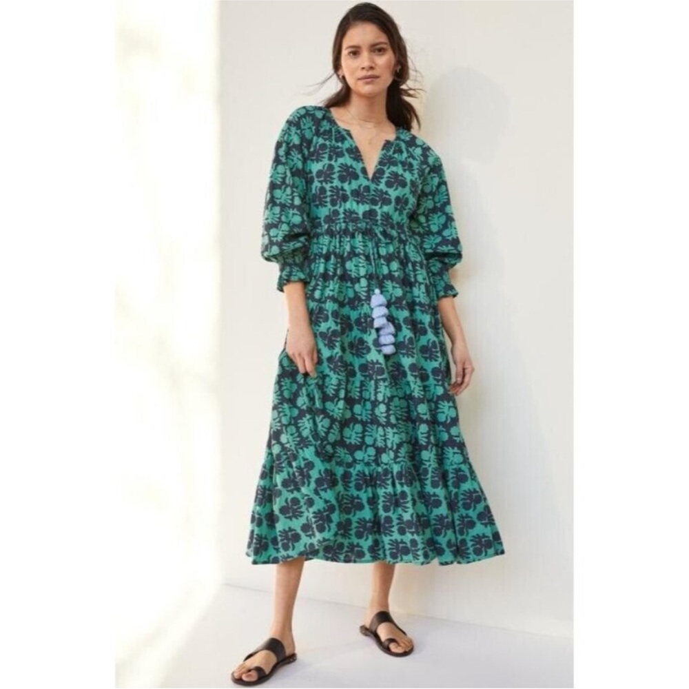 Omika Riviera Maxi Dress in Emerald Green Blockprint Cotton Anthropologie